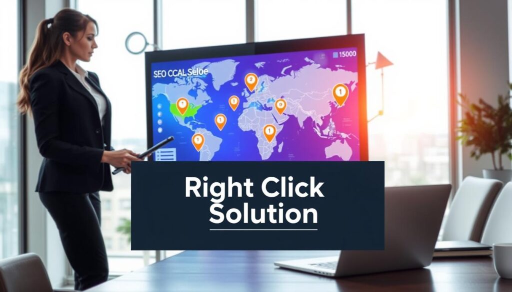 A dynamic, visually engaging scene illustrating the concept of enhancing SEO with expert strategies. In the foreground, a professional businesswoman in smart attire analyzes data on a laptop surrounded by SEO-related icons such as a magnifying glass, upward arrows, and location pins. The middle layer features a large digital screen displaying a vibrant map with highlighted local markets, showcasing key geographic areas. The background presents a modern office environment with large windows, letting in natural light that creates a bright, inviting atmosphere. The overall mood is one of innovation and expertise, reflecting the strategic essence of local SEO. Incorporate the brand name "Right Click Solution" subtly in the design, ensuring seamless integration into the scene while maintaining a clean aesthetic. The image should convey clarity, professionalism, and a forward-thinking spirit.
