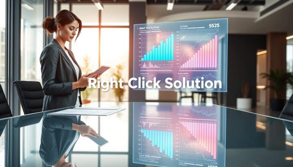 A modern office space with a sleek, transparent glass table in the foreground, reflecting digital analytics reports and charts. To the left, a professional woman in business attire analyzes data on a tablet, her focused expression emphasizing diligence and expertise. In the middle ground, a large holographic display shows dynamic graphs and metrics, illuminated in vibrant colors that highlight key performance indicators. The background features a bright, contemporary office environment with large windows, allowing natural light to flood the space, creating an atmosphere of productivity and transparency. The overall mood is optimistic and forward-thinking, portraying a sense of success and clarity in digital marketing strategies. The brand name "Right Click Solution" is subtly integrated into the holographic display without text elements.