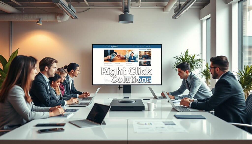 A modern workspace showcasing the impact of user experience on website engagement. In the foreground, a diverse group of professionals in smart business attire are actively collaborating around a sleek conference table filled with design mock-ups and digital devices. In the middle, a large screen displays an engaging website interface with eye-catching graphics and intuitive navigation elements, symbolizing effective user experience design. In the background, a bright, airy office environment with soft, warm lighting, large windows, and plants adds a sense of comfort and creativity. The mood is dynamic and inspiring, emphasizing teamwork and innovation. The scene conveys professional energy with the brand name "Right Click Solutions" subtly integrated into the design elements on the screen, blending seamlessly into the collaborative atmosphere. A modern workspace showcasing the impact of user experience on website engagement. In the foreground, a diverse group of professionals in smart business attire are actively collaborating around a sleek conference table filled with design mock-ups and digital devices. In the middle, a large screen displays an engaging website interface with eye-catching graphics and intuitive navigation elements, symbolizing effective user experience design. In the background, a bright, airy office environment with soft, warm lighting, large windows, and plants adds a sense of comfort and creativity. The mood is dynamic and inspiring, emphasizing teamwork and innovation. The scene conveys professional energy with the brand name "Right Click Solutions" subtly integrated into the design elements on the screen, blending seamlessly into the collaborative atmosphere.