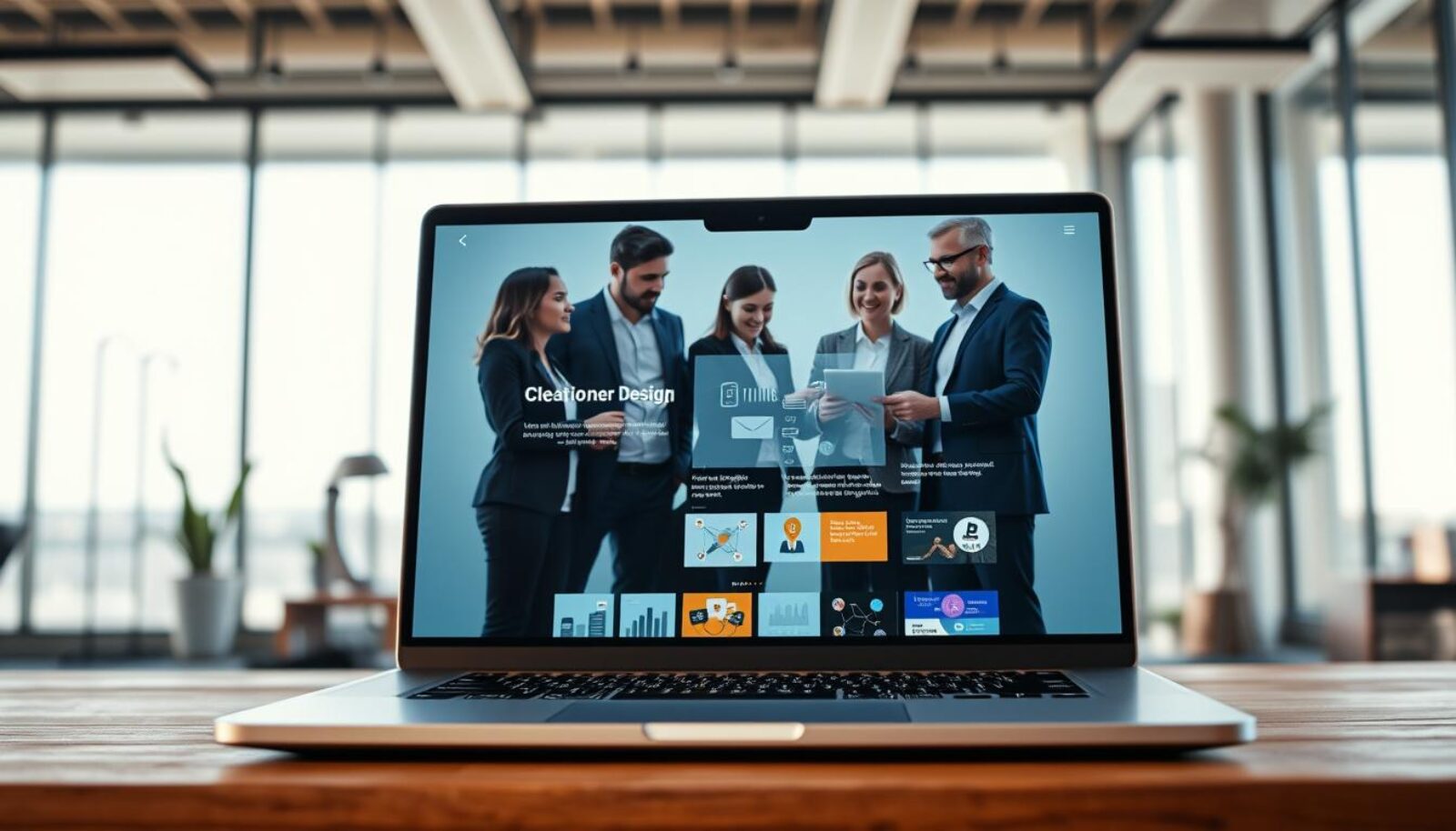 A sophisticated and engaging website design concept representing "Right Click Solutions." In the foreground, display a sleek laptop showcasing a vibrant, user-friendly website interface featuring interactive elements, clean navigation, and a modern aesthetic. The middle layer should capture diverse professionals in business attire collaboratively discussing the design, with a focus on a clear digital display. In the background, include an inspiring modern office environment with large windows allowing natural light to illuminate the space, enhancing the atmosphere of creativity and productivity. Use a warm color palette with soft shadows to evoke a sense of innovation and approachability. For the composition, utilize a slight downward angle to focus on the laptop screen while encompassing the collaborative environment. This image should convey the importance of engaging website design in today's digital landscape, fostering a sense of professionalism and dynamism.