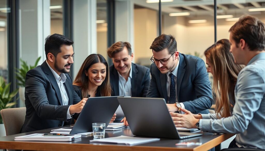 Business website development services concept with a modern office background